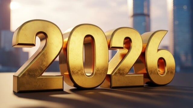 Golden 2026 Year Number with Cityscape Background