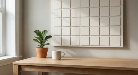 Minimalist home interior with a wooden table, a potted plant, and a geometric wall art under natural light