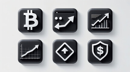 A collection of 3D black icons representing digital currency, financial growth charts, and secure investment symbols isolated on a light background