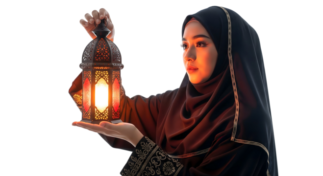 A woman in traditional attire holding a beautiful lantern, isolated on transparent background