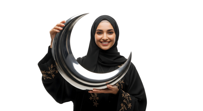 A Muslim woman with a radiant smile holds a crescent moon decoration, isolated on transparent background - Powered by Adobe