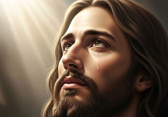 A divine figure looks upward with a tear falling from his eye.