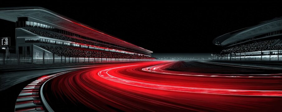 A dynamic night scene at a race track, showcasing vibrant red lights and sleek architectural lines, capturing the thrill of motorsport.