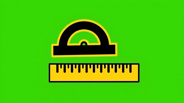 A yellow ruler and a black protractor with yellow outline are displayed on a bright green background, symbolizing measurement and geometry