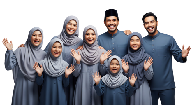 A family joyfully smiling and waving, dressed in matching clothing. The family looks happy and excited, radiating warmth and togetherness, isolated on transparent background