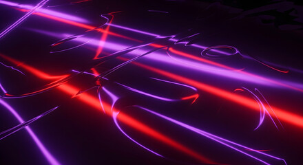 A futuristic digital concept showing chaotic streams of vibrant purple and red light creating an energetic and abstract visual