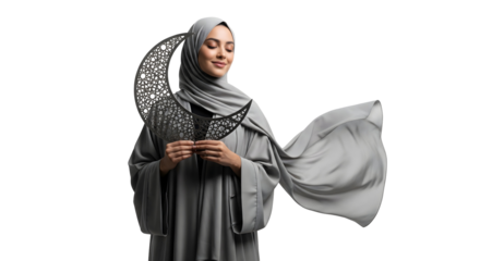 A woman in elegant gray attire gazes serenely with a crescent moon adornment, embodying grace and spirituality, isolated on transparent background