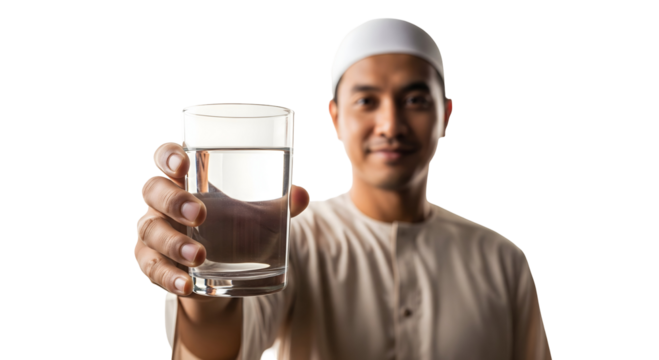 A person offering a glass of refreshing water, emphasizing hydration and well-being. The person is dressed in traditional attire, adding a cultural dimension to the image.