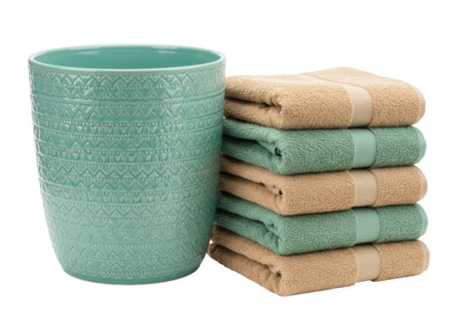 Isolated stack of folded towels and blue decorative pot on neutral indoor surface