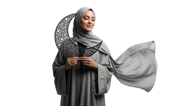 A woman in elegant gray attire gazes serenely with a crescent moon adornment, embodying grace and spirituality, isolated on transparent background