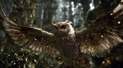 “A giant owl spirit spreading wings in an ancient forest, golden dust and magic particles floating around, divine fantasy realism, ultra-realistic textures, soft cinematic lighting 
