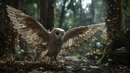 “A giant owl spirit spreading wings in an ancient forest, golden dust and magic particles floating around, divine fantasy realism, ultra-realistic textures, soft cinematic lighting 