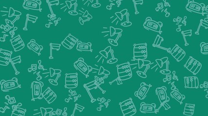 A seamless, repeating doodle pattern featuring education and study elements like alarm clocks, desk lamps, musical notes, and an abacus - Powered by Adobe