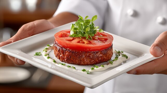 Chef presenting fresh organic tomato-based gourmet appetizer culinary school food photography bright kitchen healthy eating