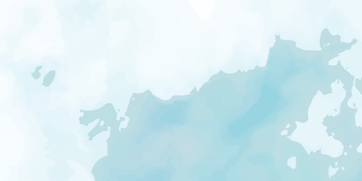 Abstract watercolor grunge landscape featuring blue clouds and a sunlit mountain map illustration over a sunset sea