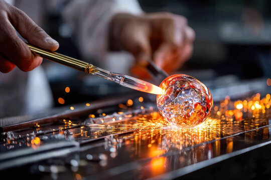 Glassblowing artist shapes molten glass with a torch