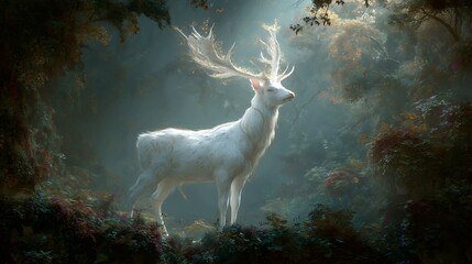 “A majestic white stag glowing with ethereal light, ancient forest filled with mist, divine atmosphere, cinematic lighting, ultra-realistic, hyper-detailed foliage, fantasy fine art, 32K resolution 