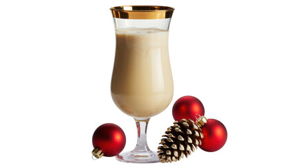 Festive creamy eggnog in a tall glass with a gold rim surrounded by traditional christmas ornaments and pine cones isolated on transparent background