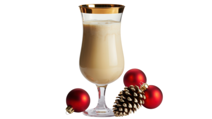 Festive creamy eggnog in a tall glass with a gold rim surrounded by traditional christmas ornaments and pine cones isolated on transparent background