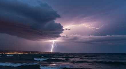 Lightning strikes over ocean during a dramatic nighttime storm.