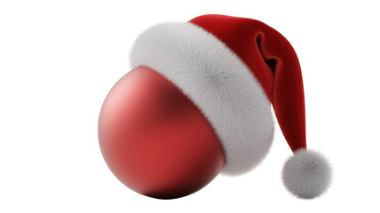 A single shiny red christmas ornament with a fluffy white trim and pom pom santa hat tilted on its side isolated on transparent background