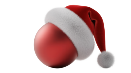 A single shiny red christmas ornament with a fluffy white trim and pom pom santa hat tilted on its side isolated on transparent background