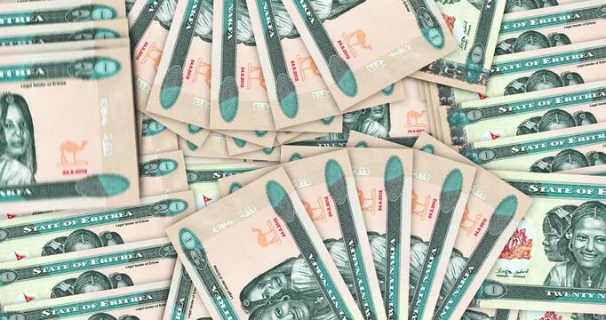 Eritrea Nakfa Eritrean money banknotes in a cash fan mosaic pattern loop. 20 ERN notes. Abstract concept of bank, finance, economy seamless and looped design background.