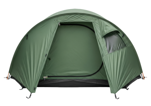 Isolated green camping tent structure for outdoor adventures, holidays, and recreational camping