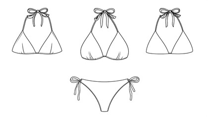 Line drawing showcasing different halter-neck bikini tops alongside a pair of matching tie-side bikini bottoms, all in monochrome