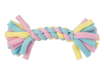 Isolated colorful braided toy for dogs, tug of war made of soft fleece, dog toy concept