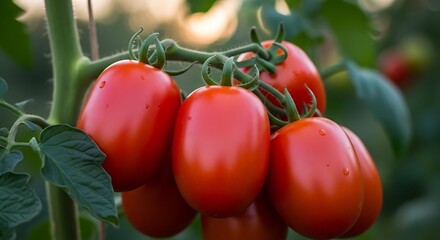 Ripe red plum tomatoes grow on a green vine in natural light.