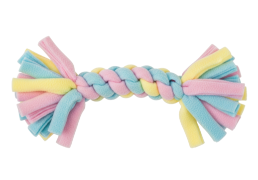 Isolated colorful braided toy for dogs, tug of war made of soft fleece, dog toy concept