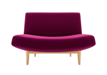 Isolated stylish purple couch with wooden legs, modern sofa seat for living room studio