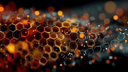 Abstract Hexagonal Pattern with Bokeh Lights and Glowing Particles.
