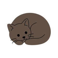 Cute cartoon black cat curled up sleeping. Flat vector illustration of cozy pet animal in simple adorable style