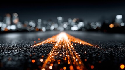 Abstract light trails on a dark road with city lights in the background.