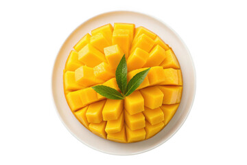 Freshly sliced mango on a white plate isolated on transparent background