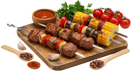 Gourmet grilled kebabs, dipping sauce, cherry tomatoes, and spices on rustic wooden board, isolated on white background with copy space, concept of delicious barbecue food