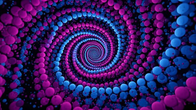 A mesmerizing abstract spiral tunnel composed of countless vibrant magenta and blue spheres creating a hypnotic vortex.