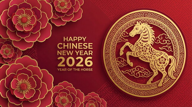 Chinese New Year 2026 greeting card. Gold Horse zodiac sign in a circular frame with floral pattern on a deep red festive background.