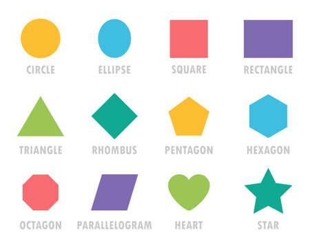 Colorful vector set of basic geometric shapes. Circle, triangle, star, hexagon, and more flat icons for learning