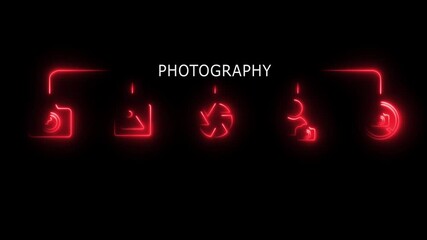 Abstract glowing neon set of photography icon animation with dark background. Camera, photo, lens, picture, photographer.