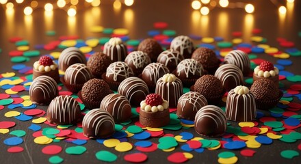 A close-up shot of a collection of chocolate truffles, decorated and arranged on a surface.