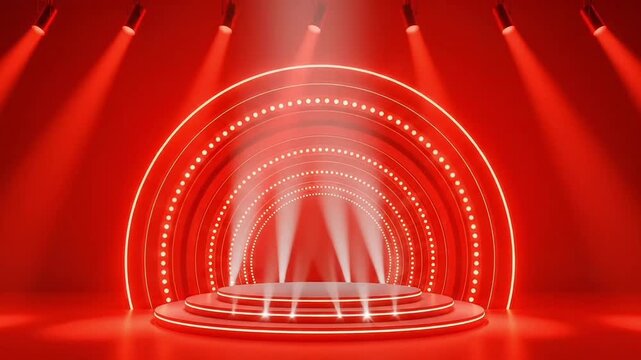 Animated Video Graphic of a Spectacular Red Stage Motion Background with Bright Spotlights and Neon Rings for Happy New Year 2026 Merry Christmas Big Deal Mega Sale Exclusive Discount