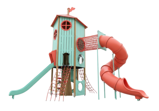 Isolated wooden outdoor playground structure with slide, net ladder and spiral tube slide
