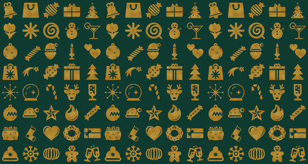 Rich Christmas seamless pattern with metallic gold holiday symbols on classic evergreen background for sophisticated packaging, elevated seasonal decor and professional branding