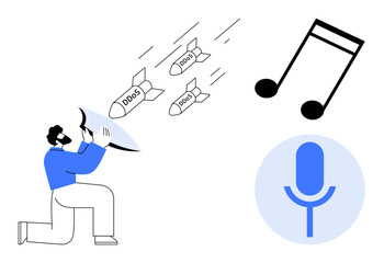 Person defending against DDoS attacks with a shield, accompanied by icons of music and voice. Ideal for cybersecurity, protection, communication, creativity, innovation, technology, and multimedia