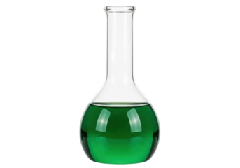 Isolated Erlenmeyer flask containing green liquid is used in chemistry laboratory science