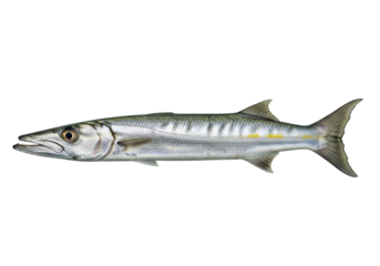 Isolated Barracuda fish, a predatory ray-finned species with elongated body and sharp teeth