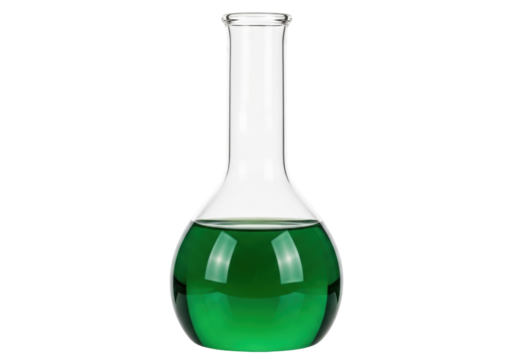 Isolated Erlenmeyer flask containing green liquid is used in chemistry laboratory science